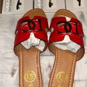 Red Women's Slide Mules with Gold Double-Link Accent